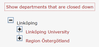 The links with plus-sign in front: Linköping, Linköpings universitet, Region Östergötland